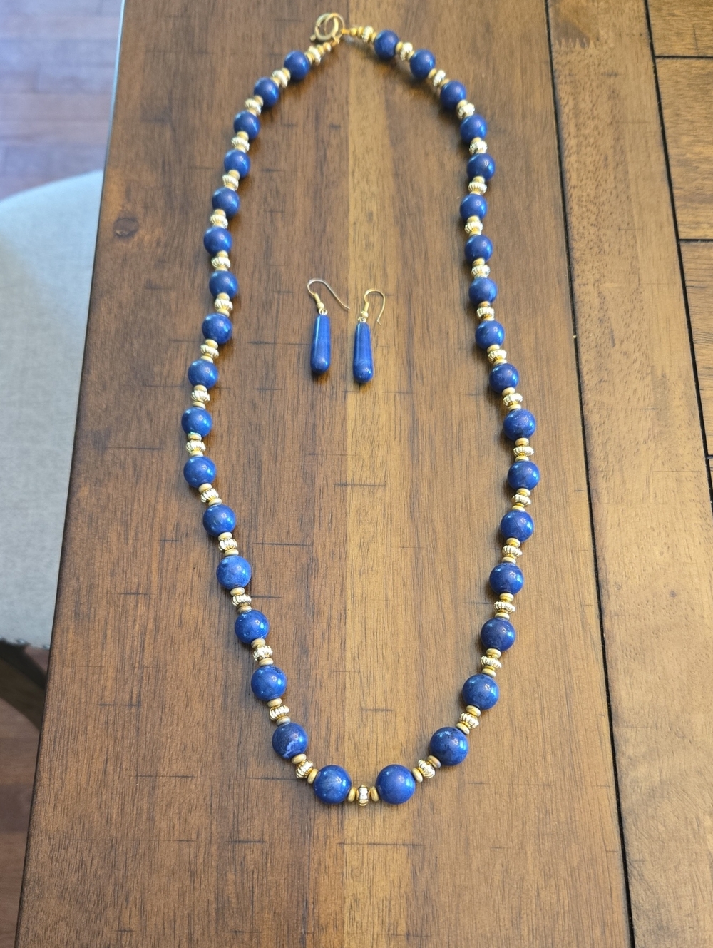 Gold and Blue Bead Necklace with Matching Earrings